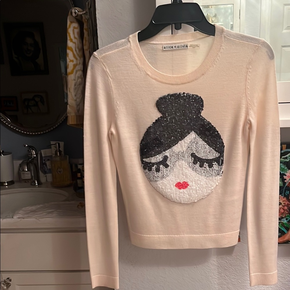 Alice + Olivia Cream Sweater with dual Sequin Face Motif